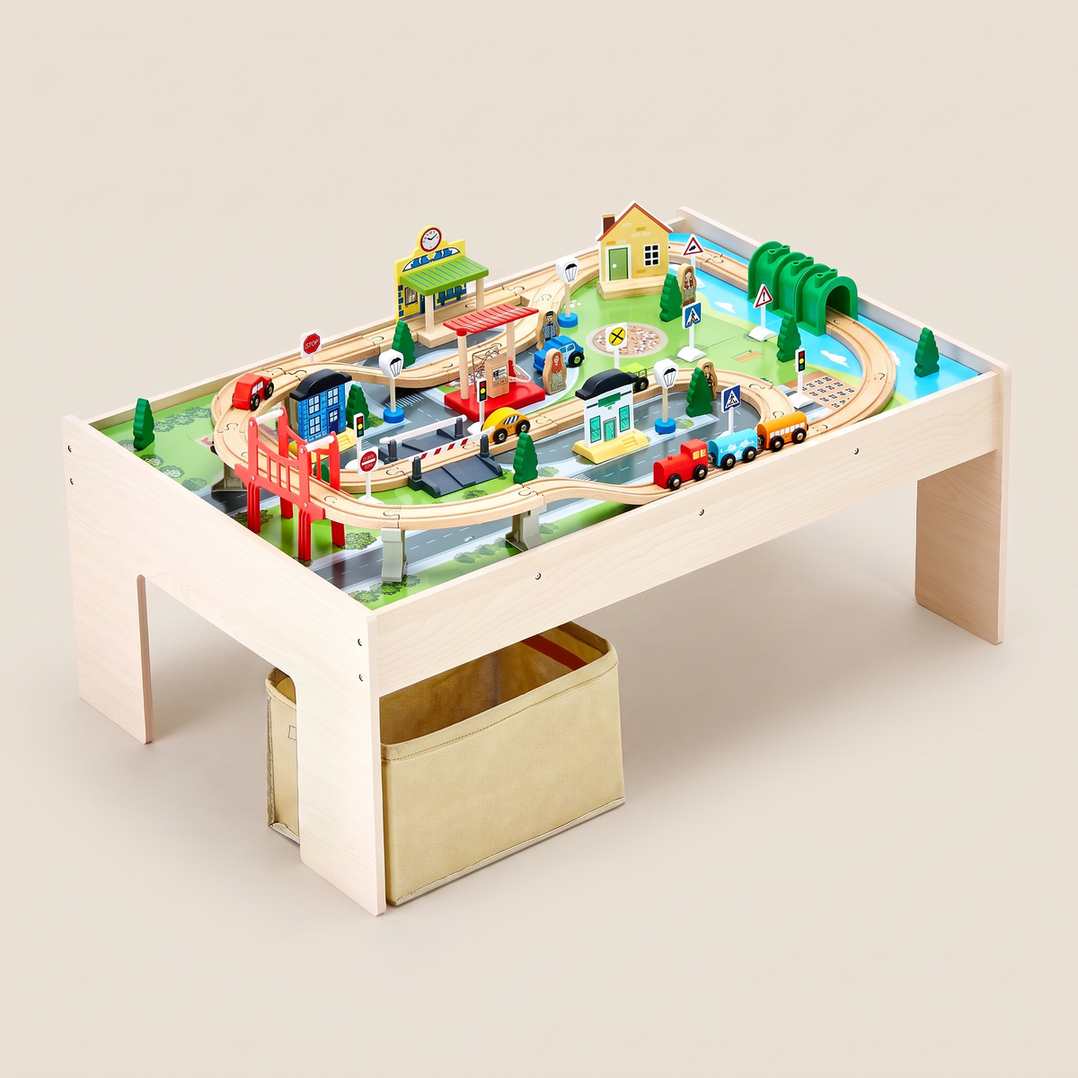 Train Table 84 Pieces Wooden Kids Activity Table With Collapsible Storage Bin
