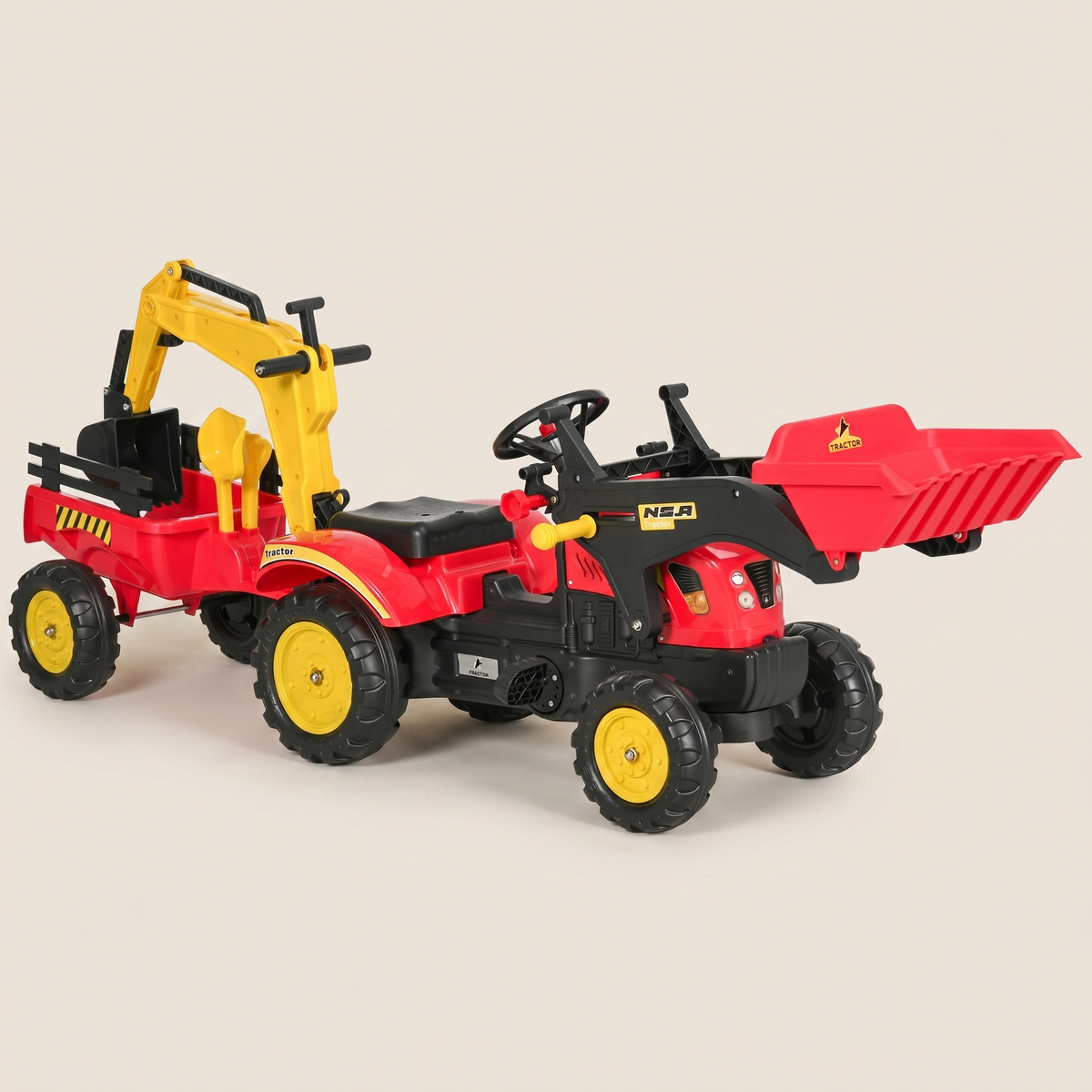 Kids Ride-On Excavator with Trailer, Pedal-Powered Construction Toy