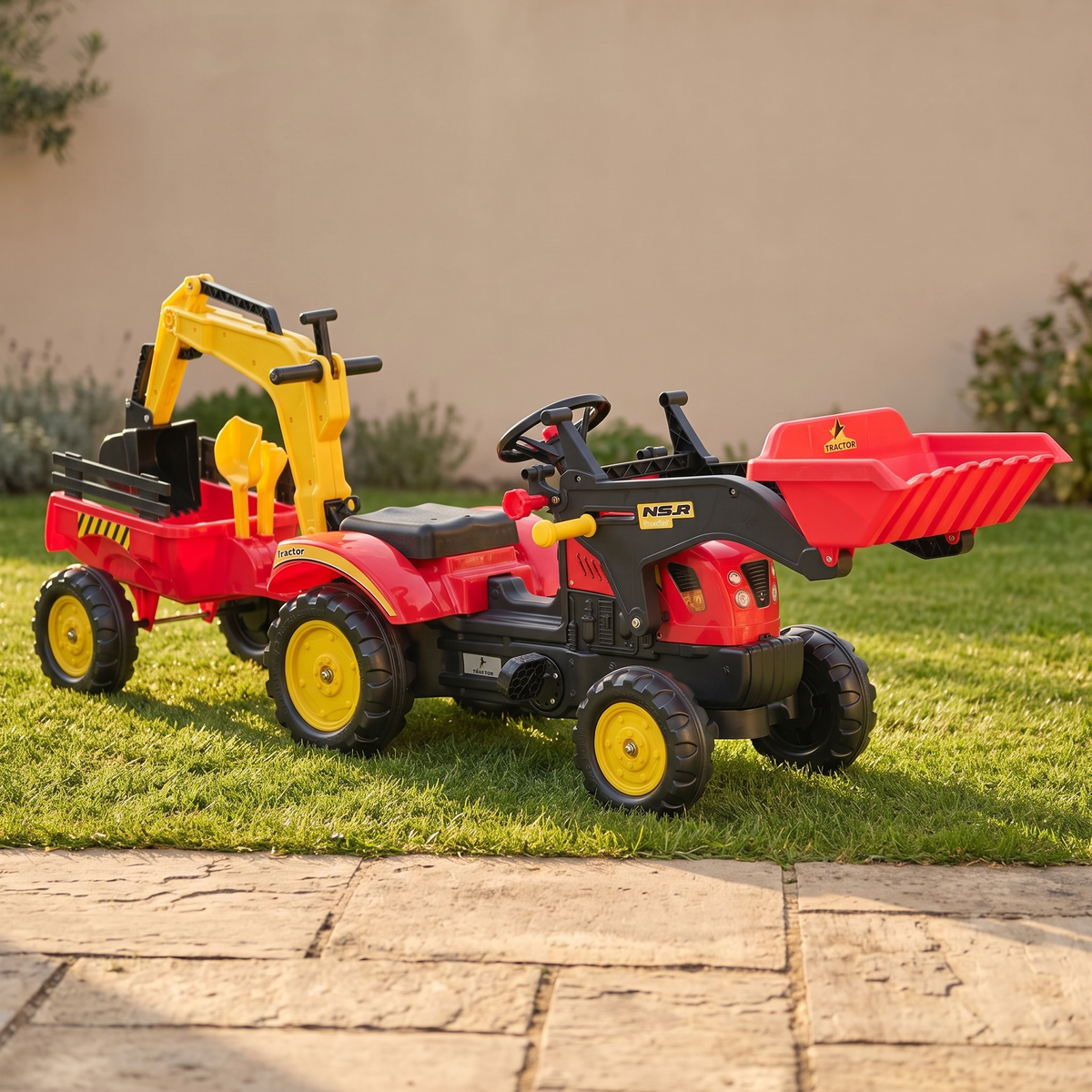 Kids Ride-On Excavator with Trailer, Pedal-Powered Construction Toy