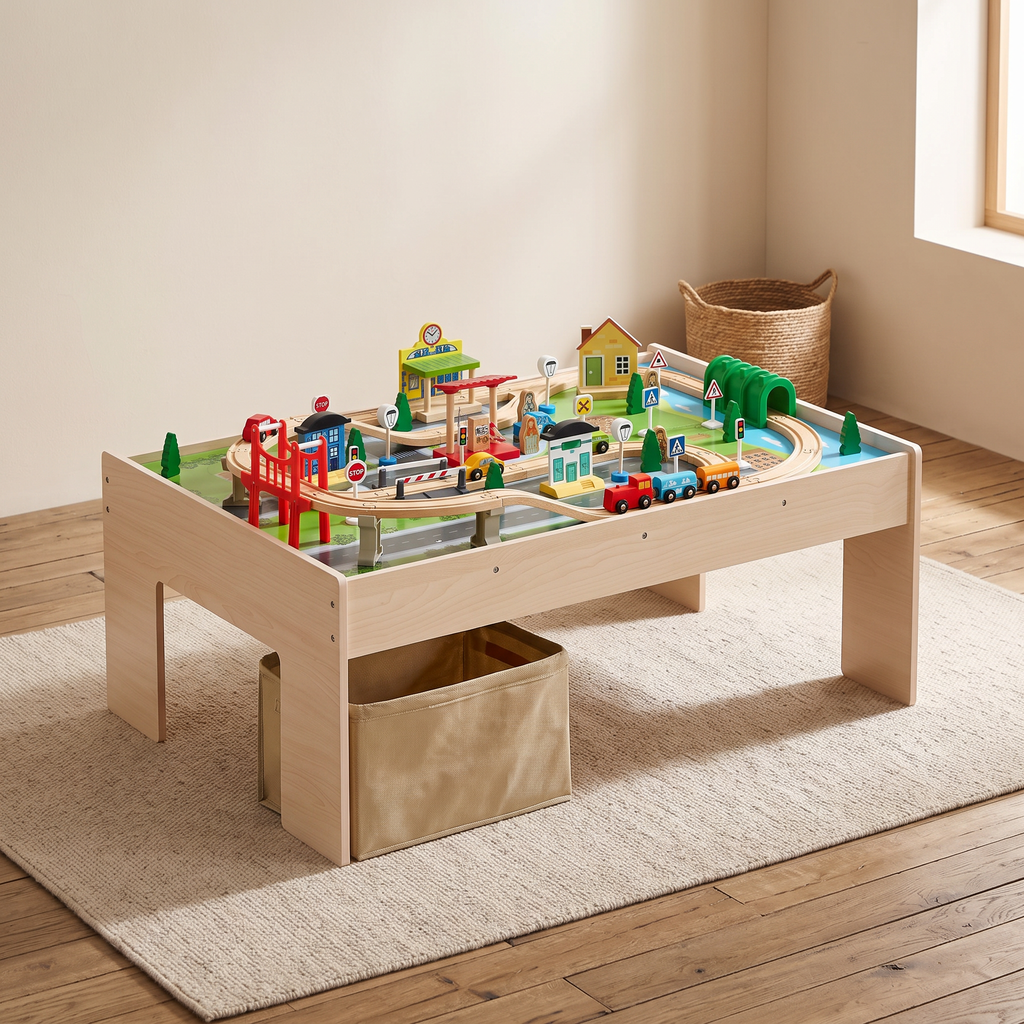 Train Table 84 Pieces Wooden Kids Activity Table With Collapsible Storage Bin