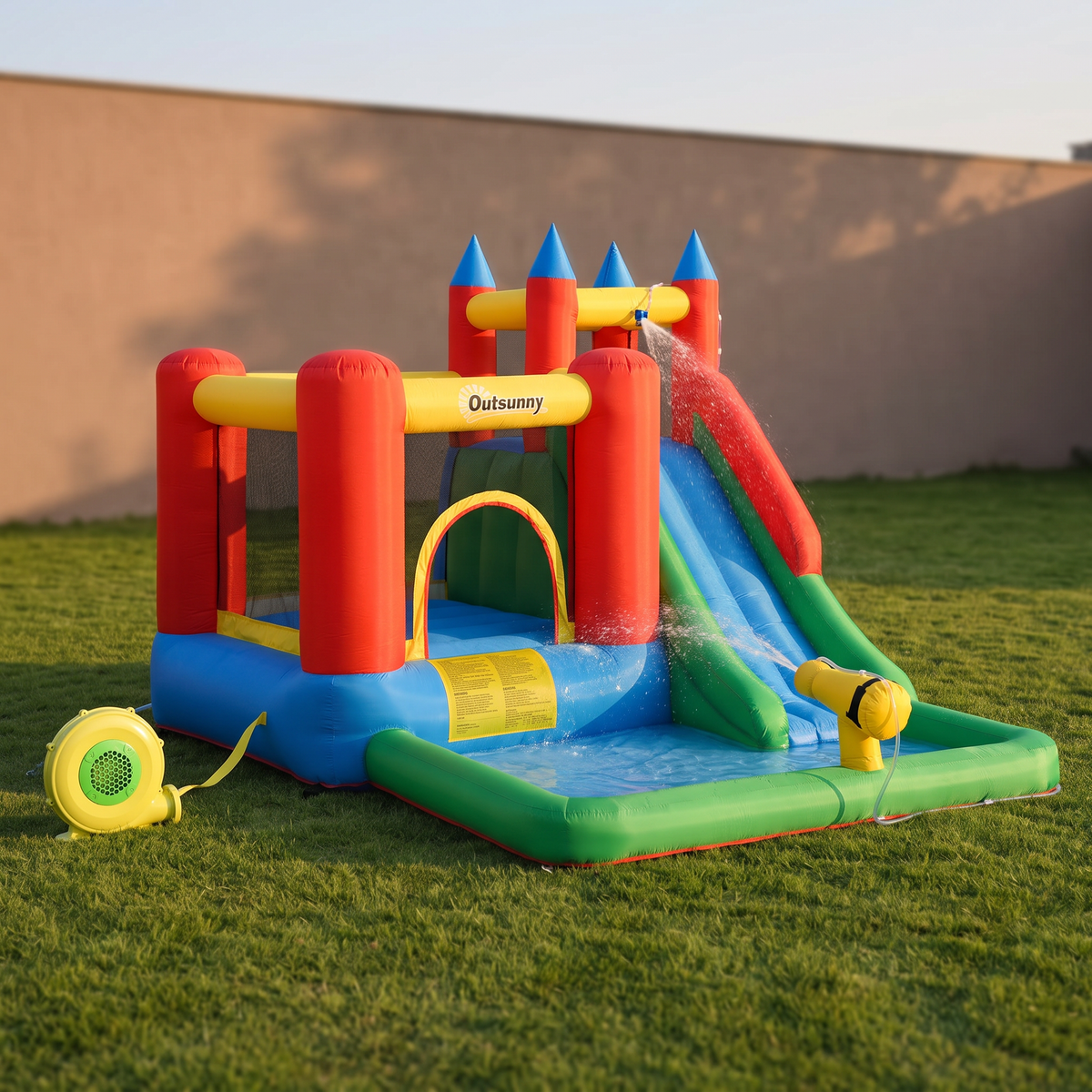 Kids Bounce House Inflatable Slide with Splash Pool, Water Cannon, Climbing Wall, Inflator Included, 6 in1 Bouncy Castle Kids Backyard Activity Outdoor Water Play Toy