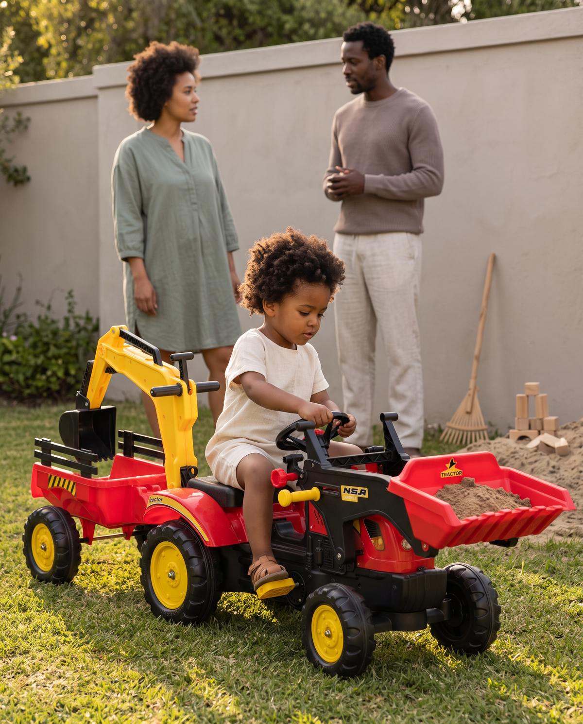 Kids Ride-On Excavator with Trailer, Pedal-Powered Construction Toy