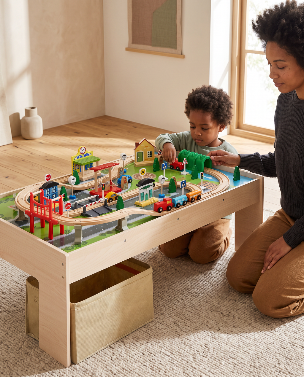 Train Table 84 Pieces Wooden Kids Activity Table With Collapsible Storage Bin