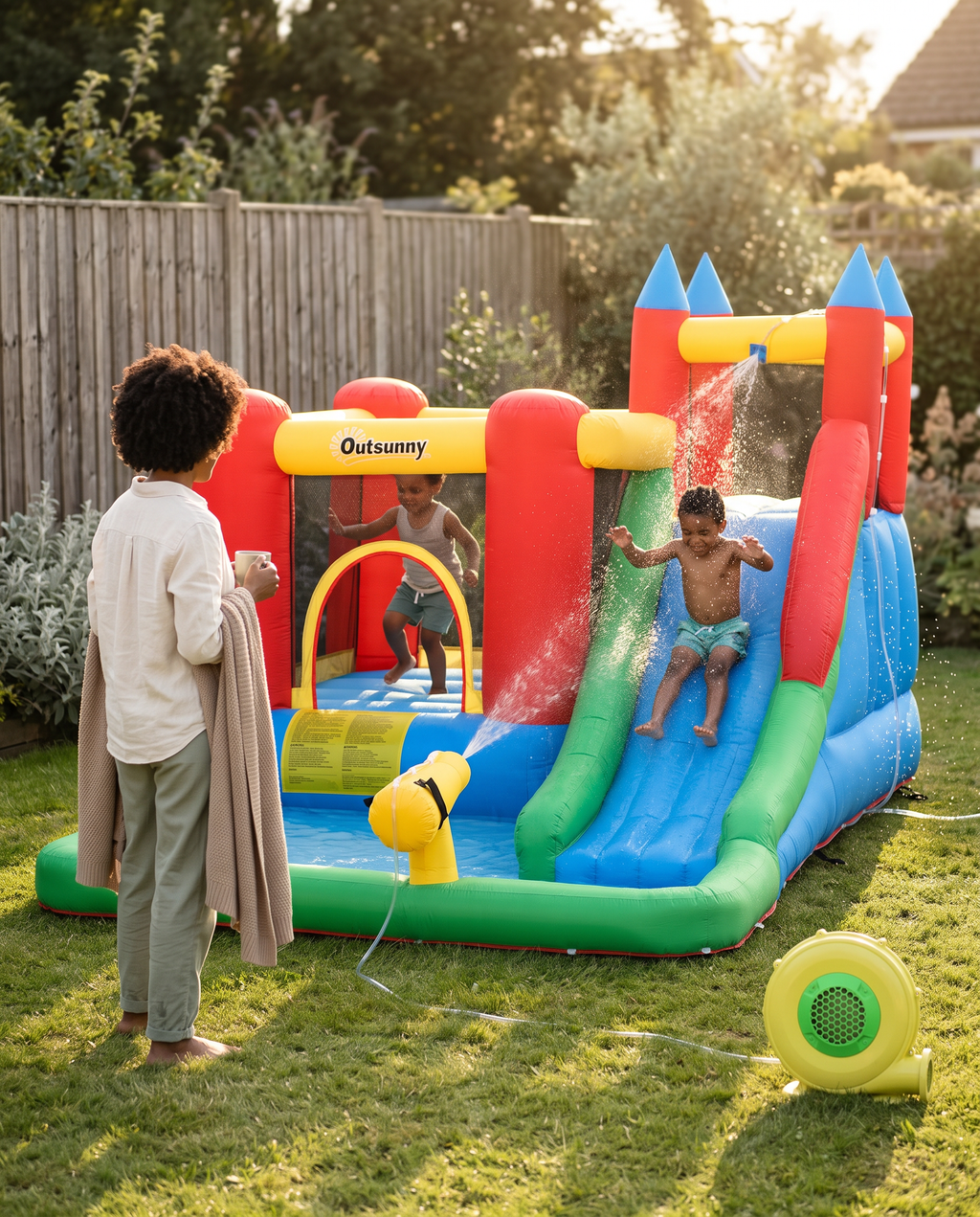 Kids Bounce House Inflatable Slide with Splash Pool, Water Cannon, Climbing Wall, Inflator Included, 6 in1 Bouncy Castle Kids Backyard Activity Outdoor Water Play Toy