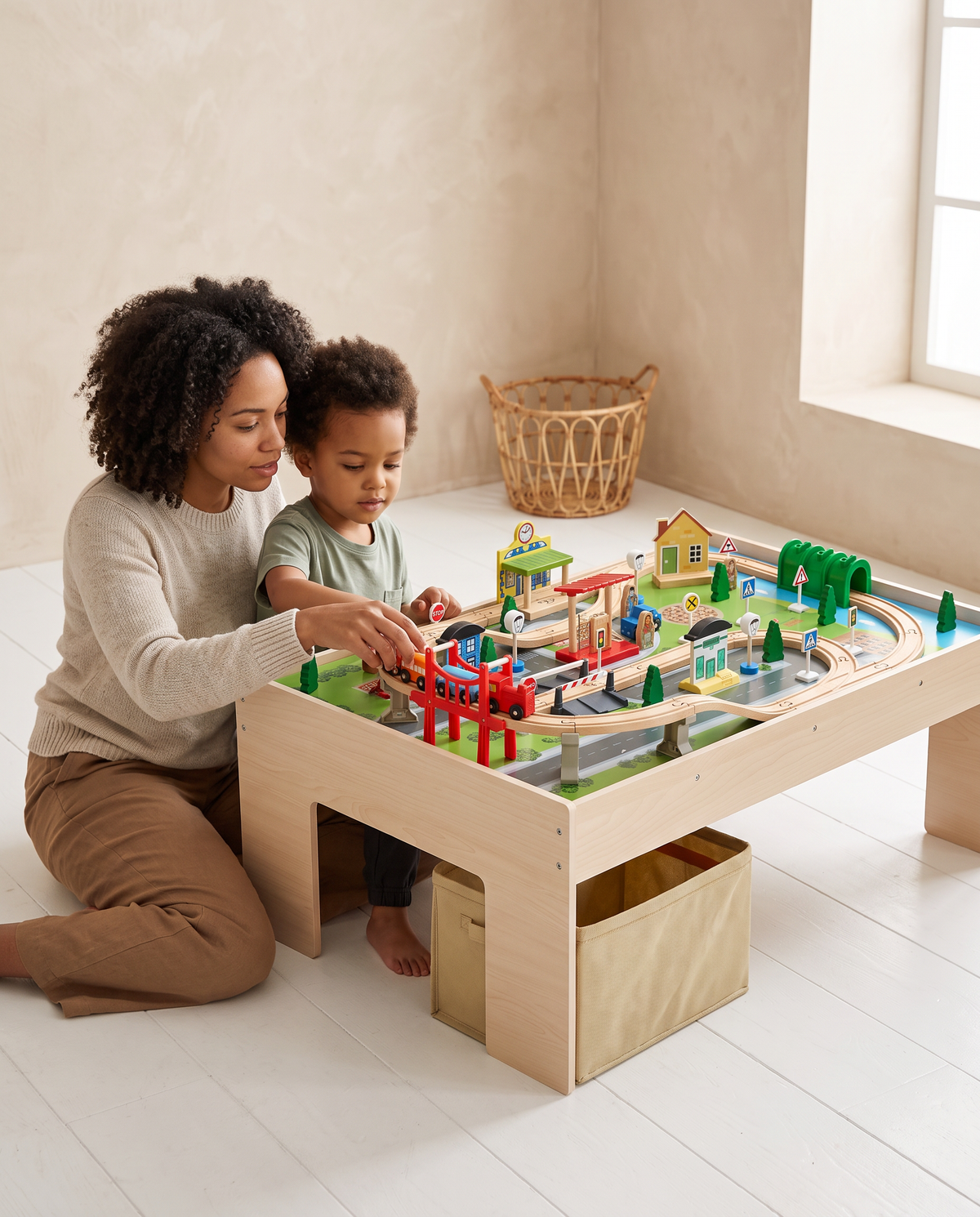 Train Table 84 Pieces Wooden Kids Activity Table With Collapsible Storage Bin