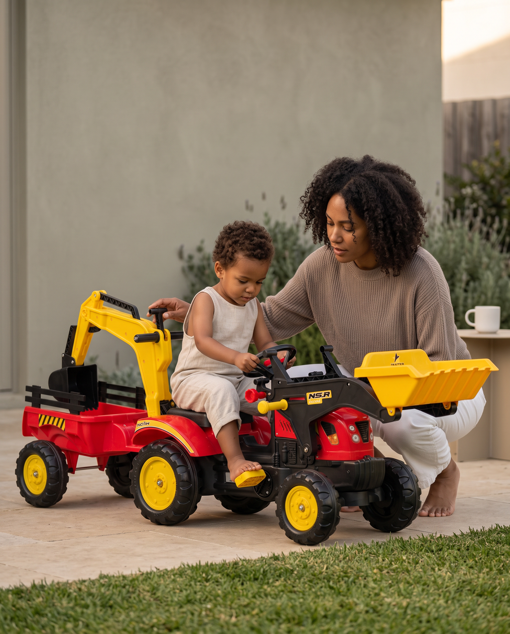 Kids Ride-On Excavator with Trailer, Pedal-Powered Construction Toy