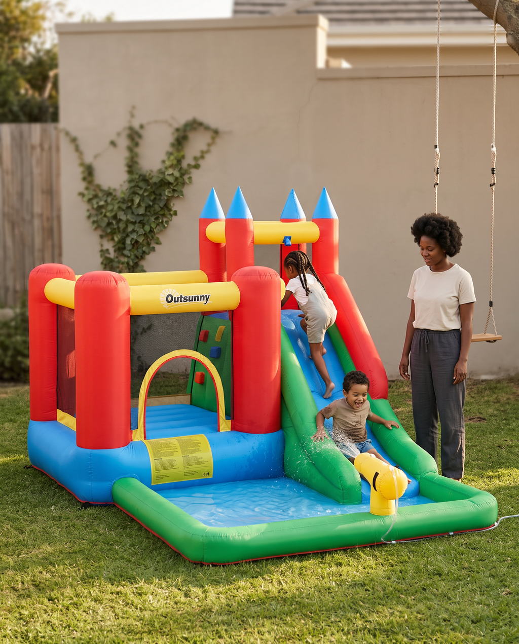 Kids Bounce House Inflatable Slide with Splash Pool, Water Cannon, Climbing Wall, Inflator Included, 6 in1 Bouncy Castle Kids Backyard Activity Outdoor Water Play Toy